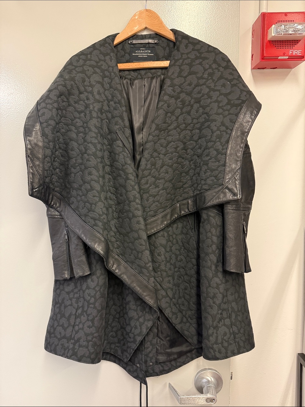 AllSaints Black Leopard Jacquard Draped Cape with Leather Trim